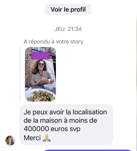 Message reçu : « Je peux avoir la localisation de la maison à moins de 400 000 euros svp »