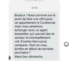 Message reçu : un couple sur le point de faire une offre à Courbevoie veut échanger avec une agente qui connaît le secteur